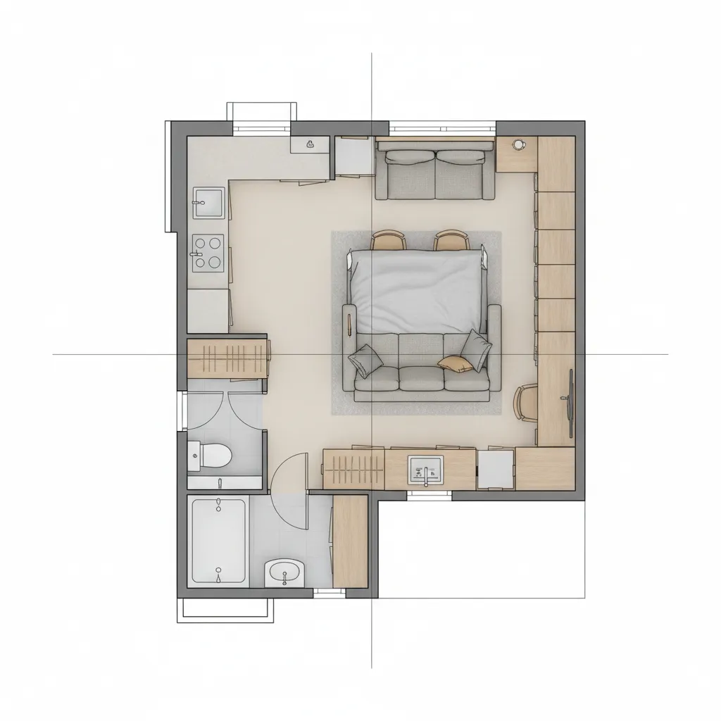 Optimized 2D floor plan of a compact apartment showing efficient furniture placement
