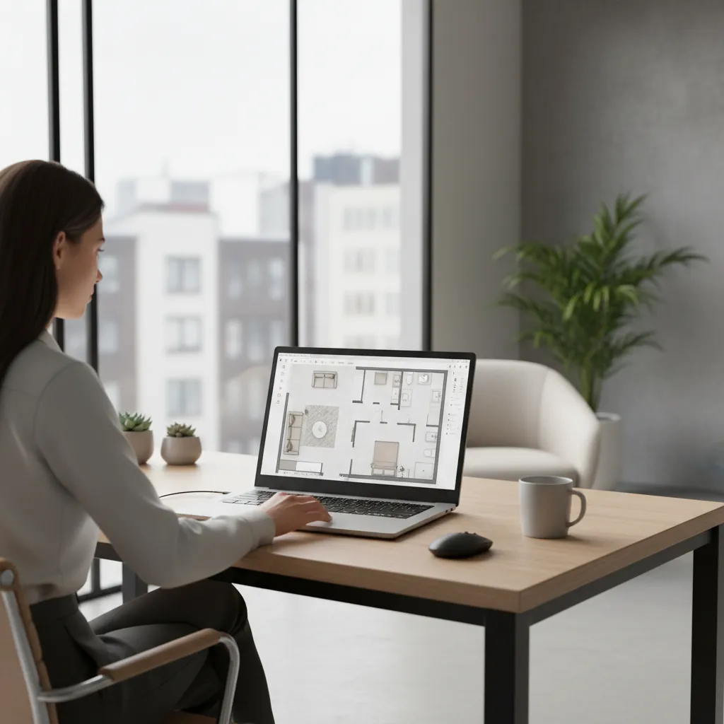 Designer working on digital floor plan for a small apartment layout