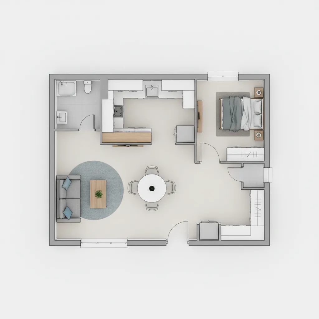 Small apartment floor plan showing optimized furniture layout and circulation space