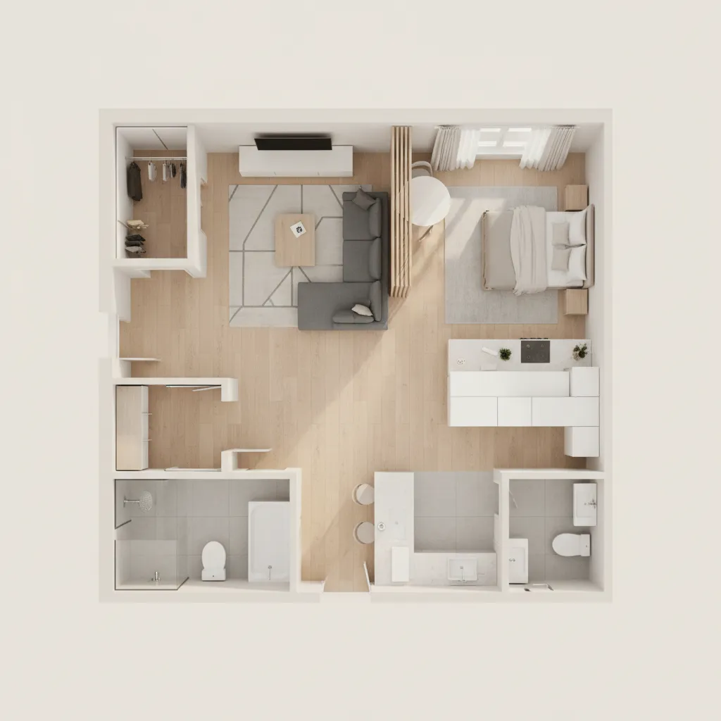 2D floor plan of compact apartment layout with furniture placement