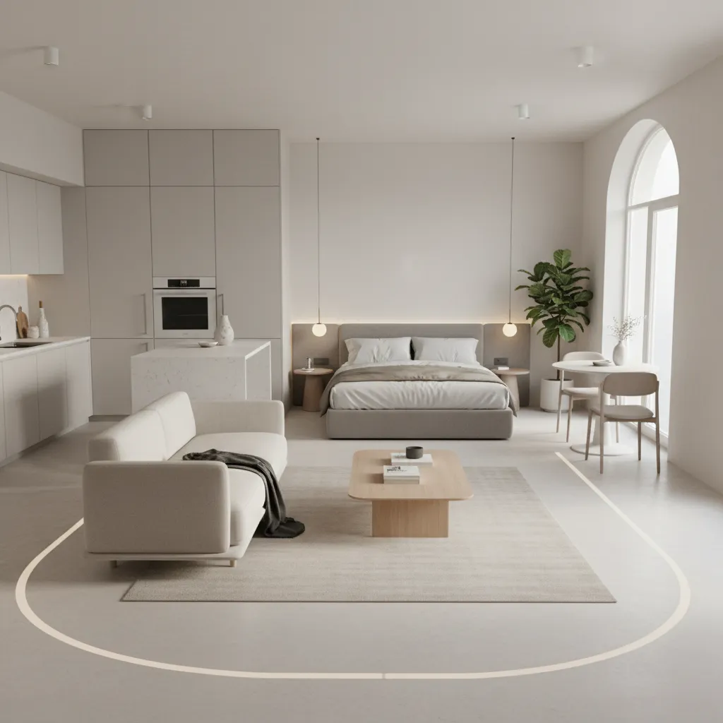 Small apartment furniture layout showing clear walking paths