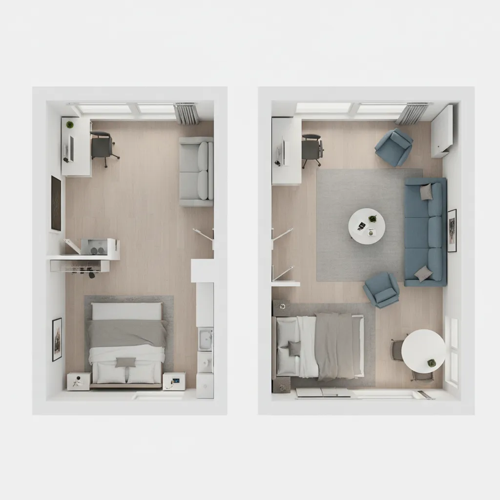 comparison of furniture capacity in 250 and 300 square feet studio layouts