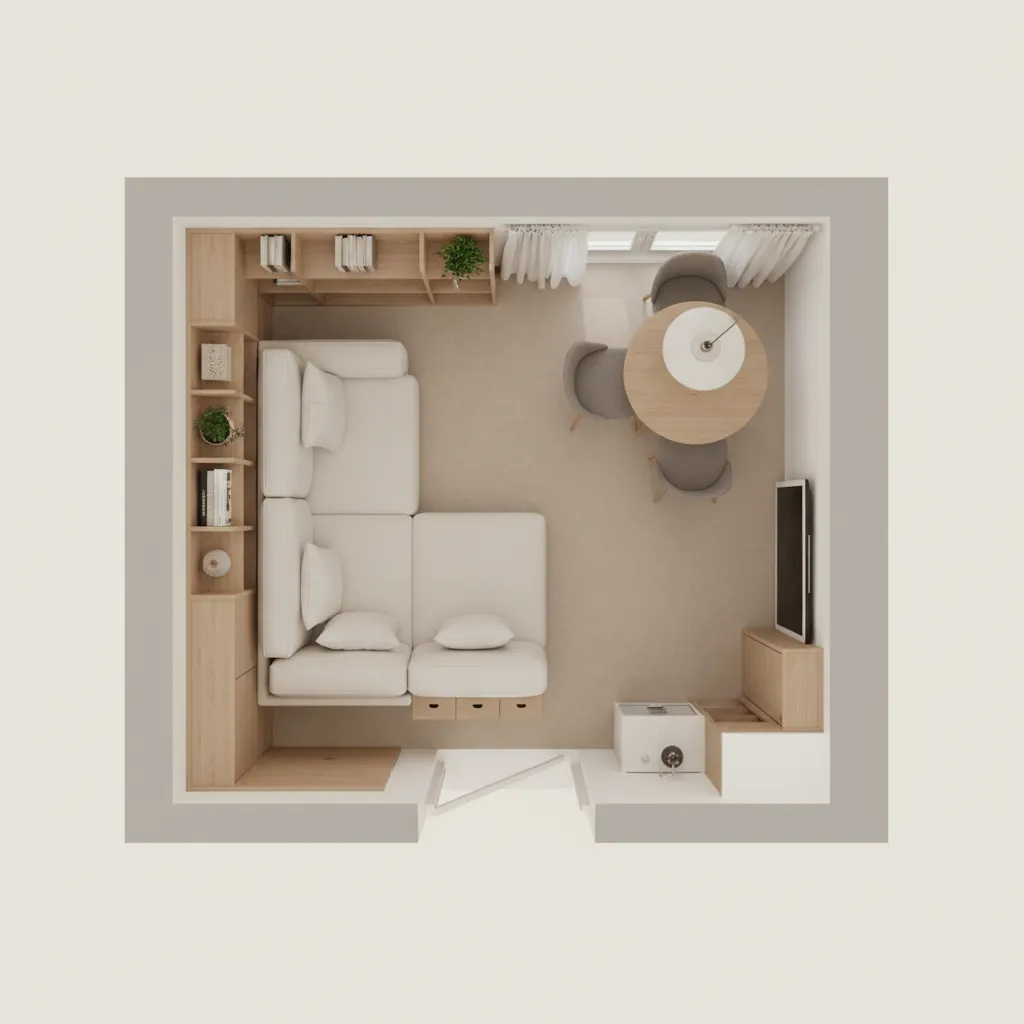 small apartment furniture layout optimization with compact living room and storage