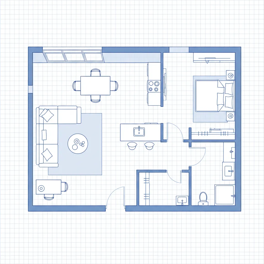 Blue floor plan on grid paper showing living room, kitchen, bedroom, bathroom, and furniture layout