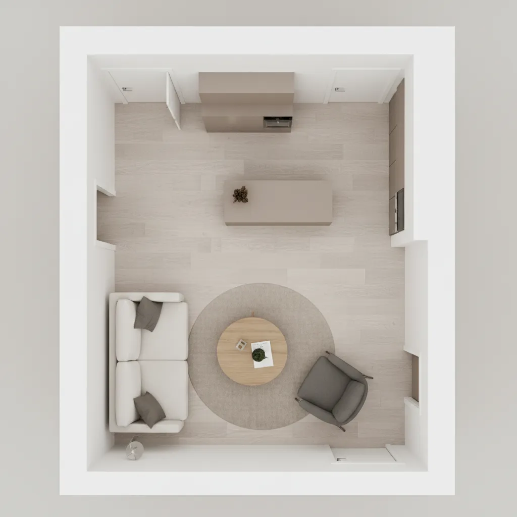 Top view furniture layout plan showing proper walking paths in small apartment