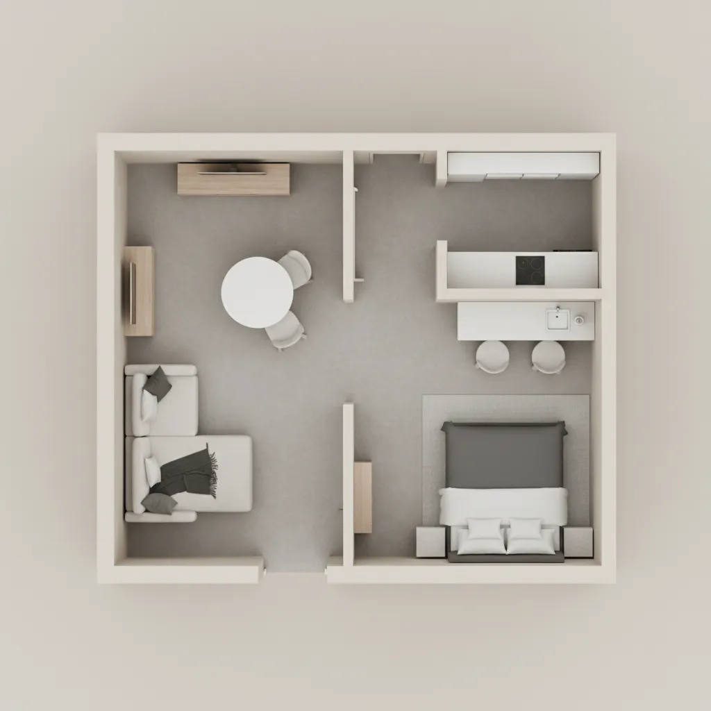 Top view small apartment layout with smart furniture placement