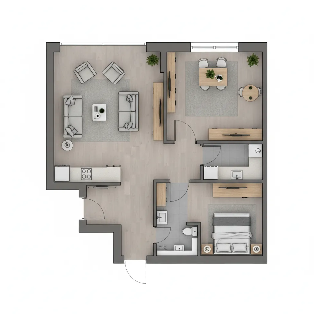 Top view layout plan of a compact 1 BHK apartment showing efficient furniture placement
