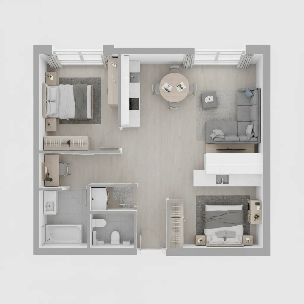 furniture layout planning for a compact two bedroom apartment