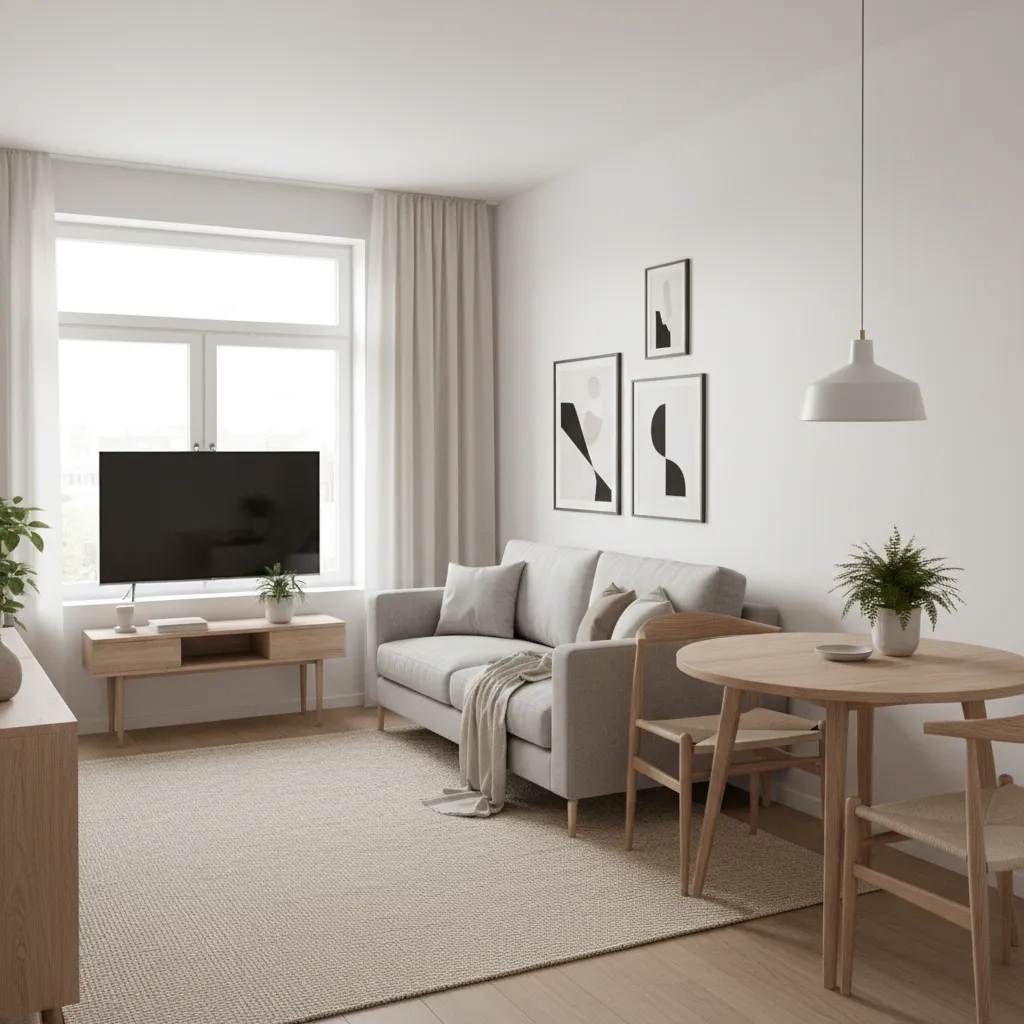 Small apartment living room with optimized furniture layout for limited space