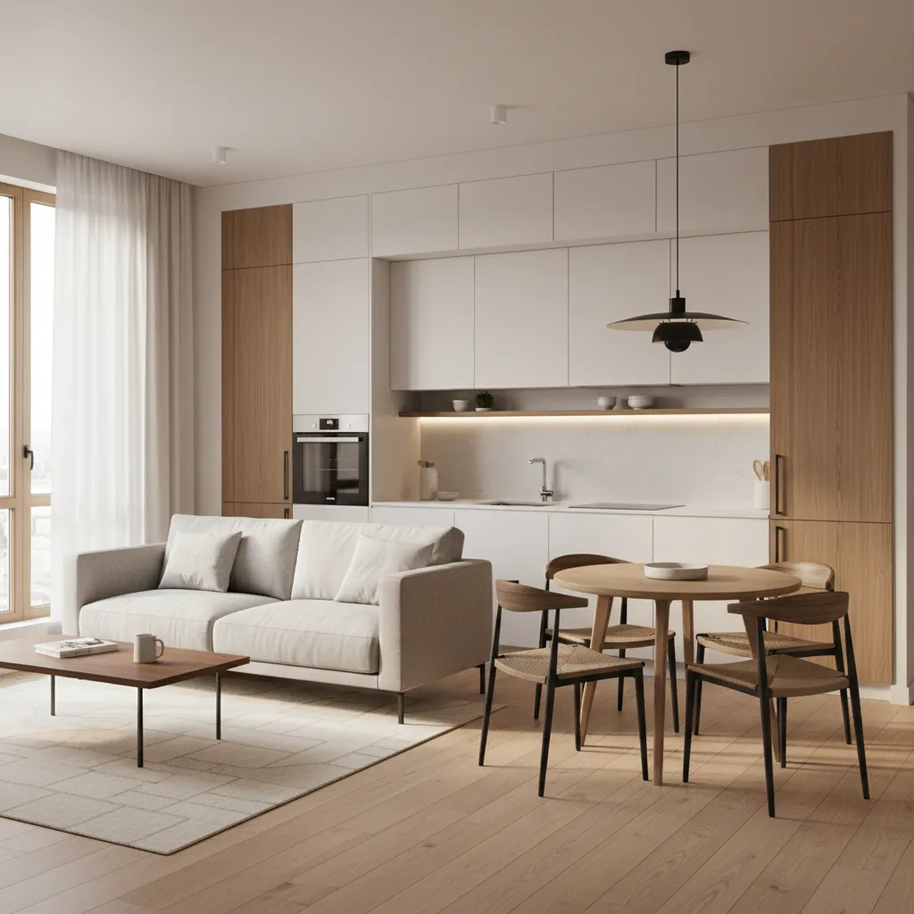 3D visualization of a small apartment layout with sofa table and kitchen arrangement