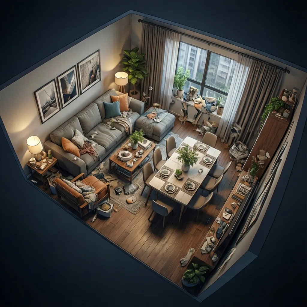 3D floor plan showing oversized furniture crowding a small studio apartment layout