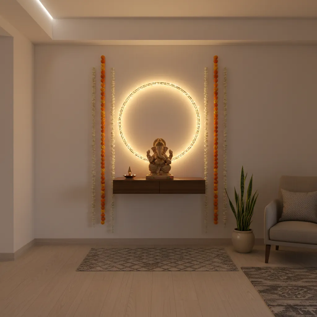 small apartment Ganesh decoration with vertical floral backdrop