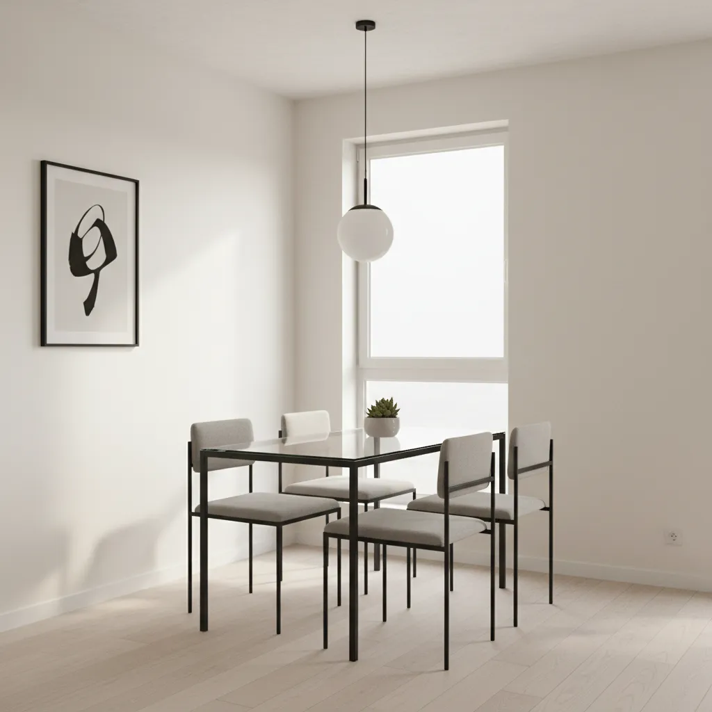 Compact apartment dining area with glass dining table near window