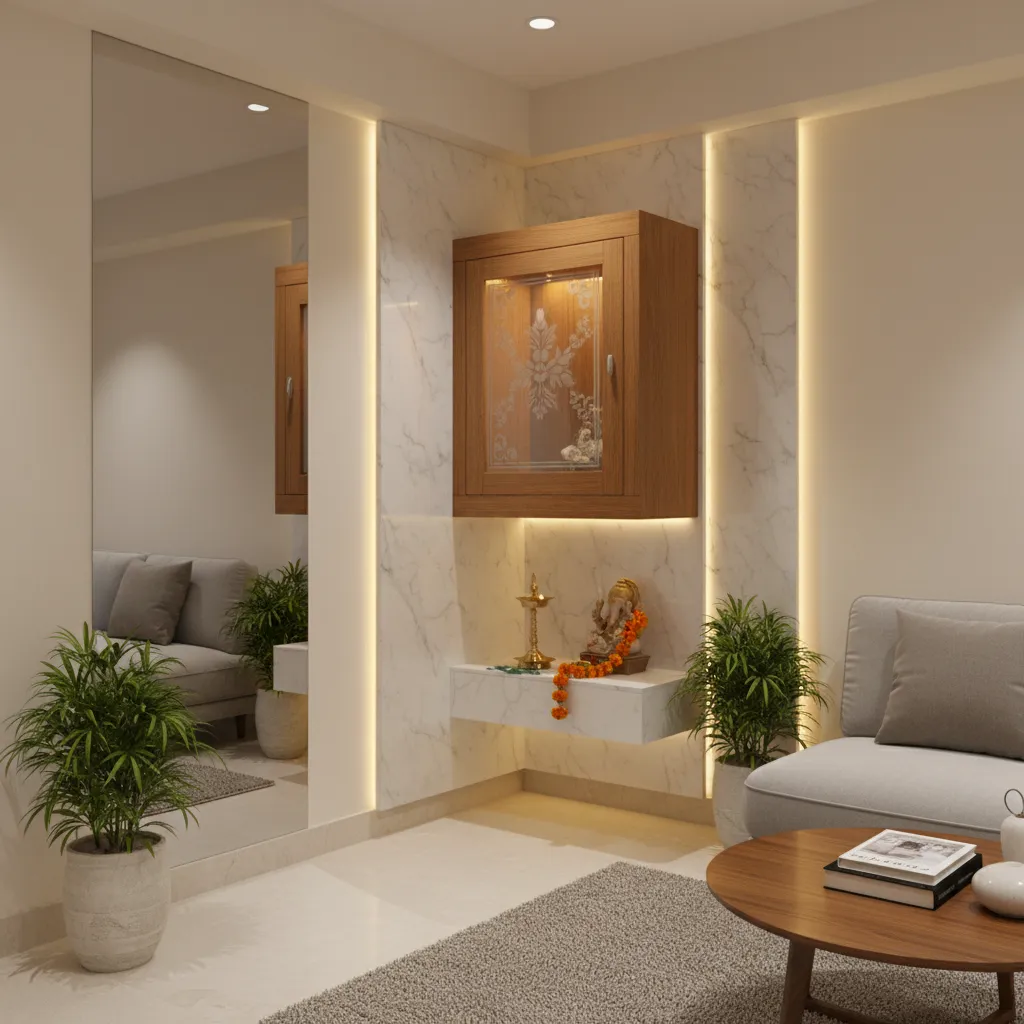 compact wall mounted pooja unit with glass doors in a small living room
