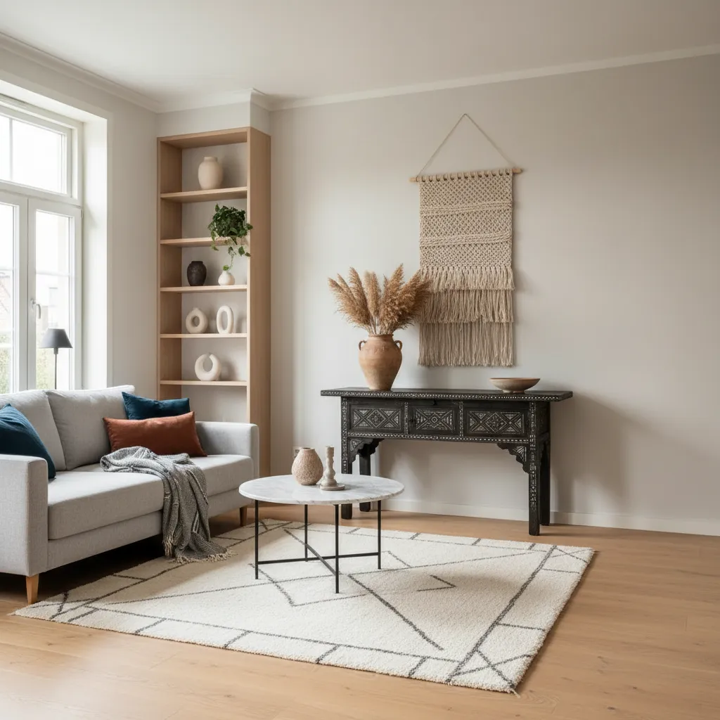 pequeño apartamento moderno con una pieza de mobiliario cultural destacada