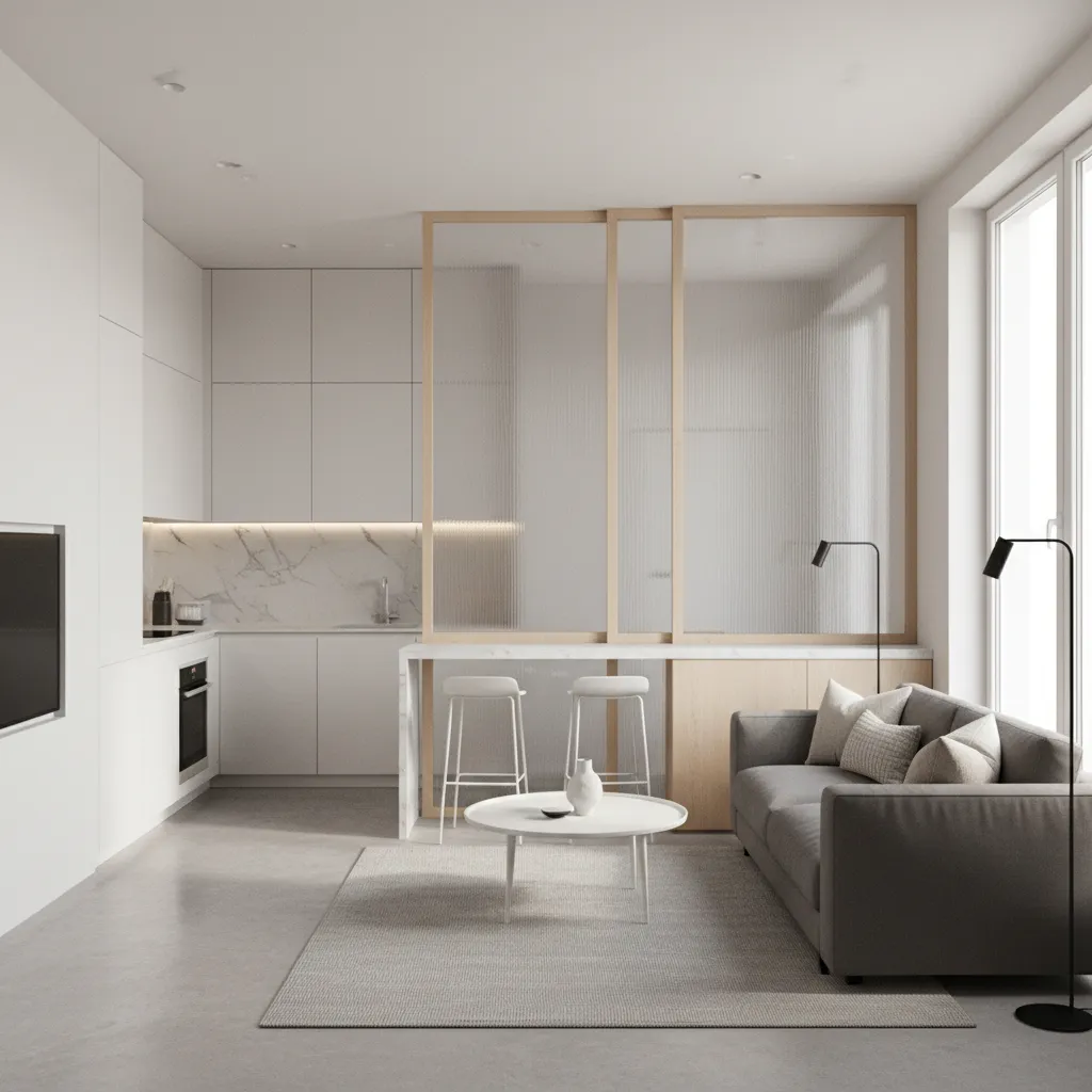 Small apartment with half wall partition separating living room and kitchen