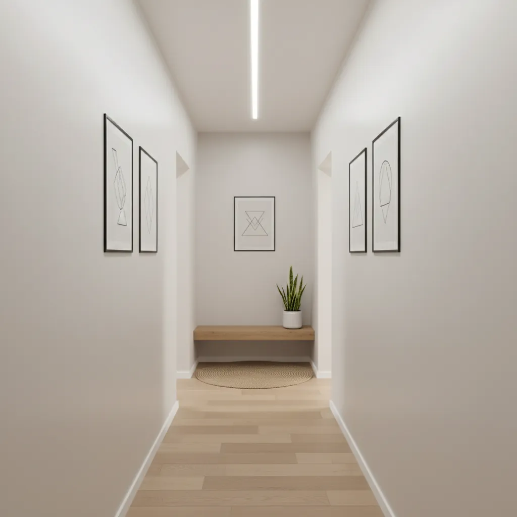 compact apartment hallway with light walls and minimal decor