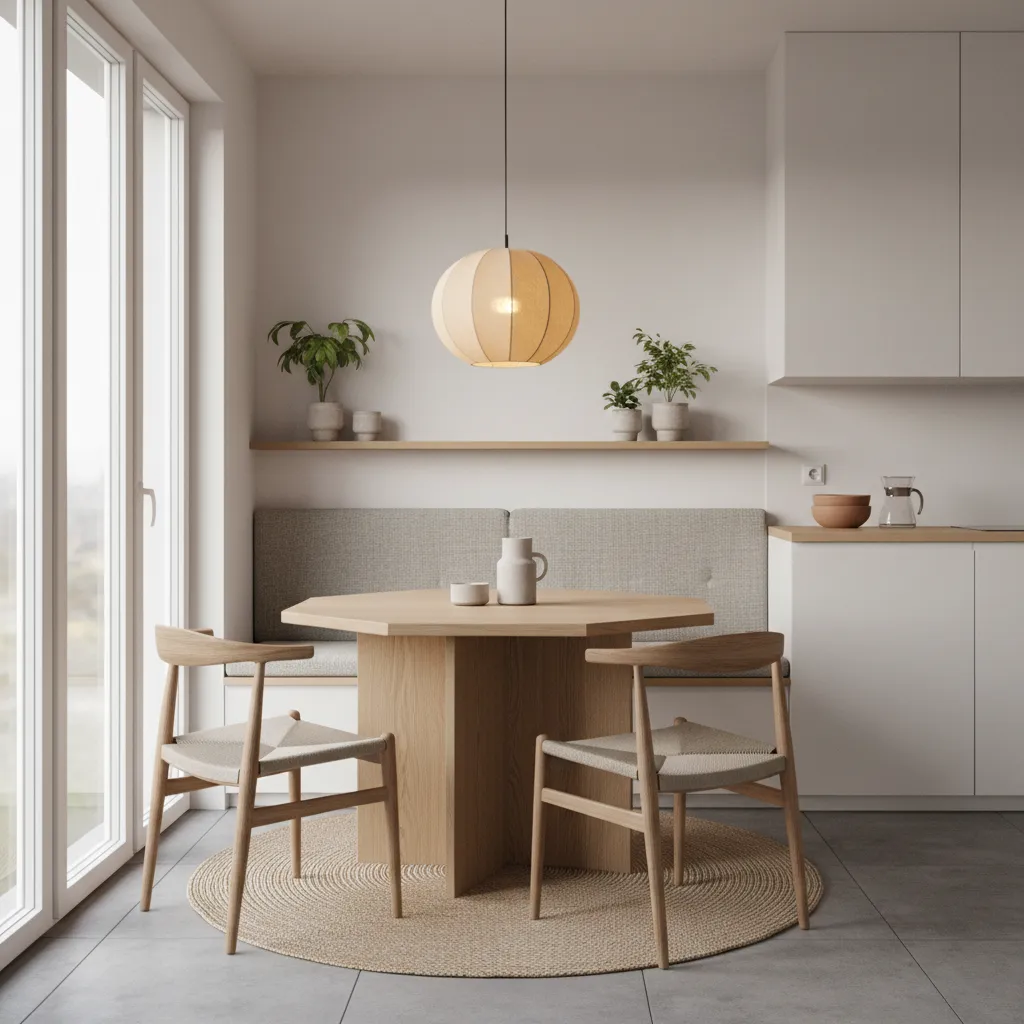 Realistic small apartment kitchen design with hexagon dining table and bench seating