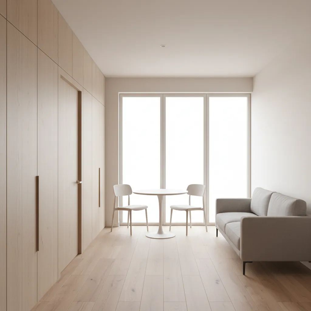 Compact apartment with hidden bathroom door integrated into storage wall