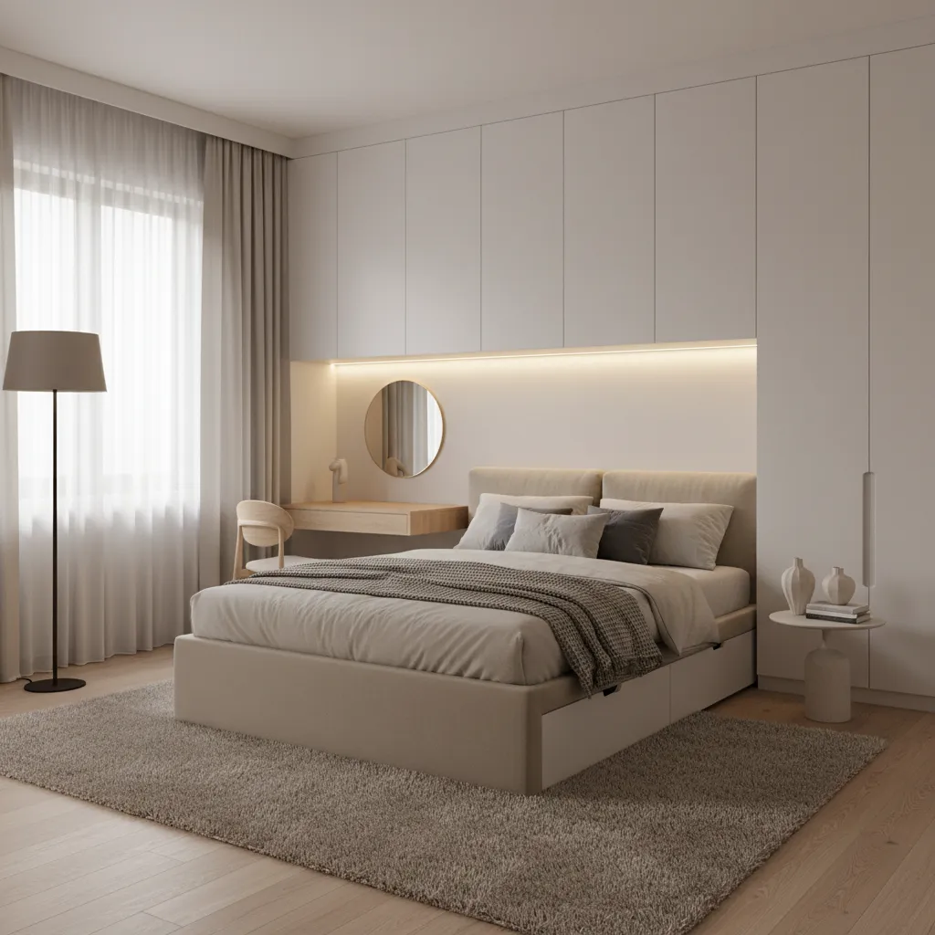 Hidden storage solutions in a small 2 BHK bedroom interior