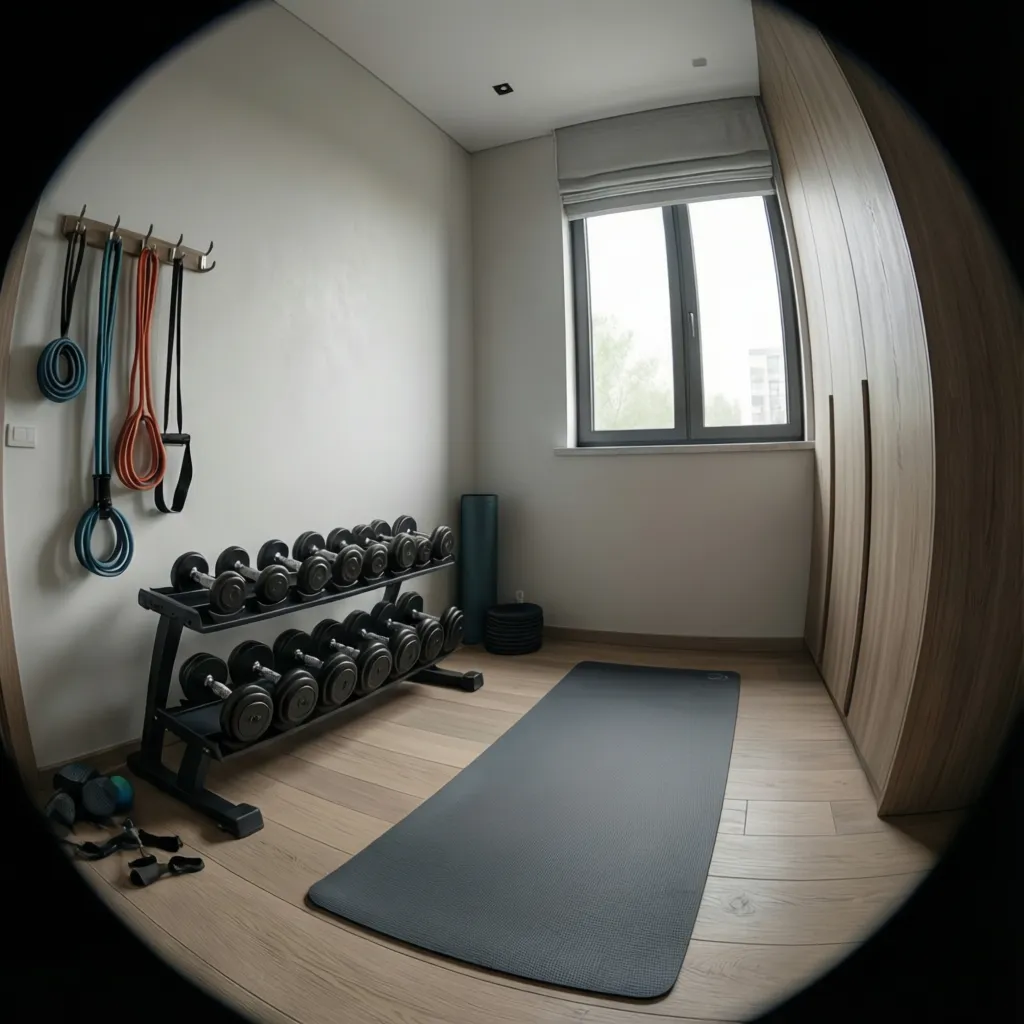 Minimal small apartment workout corner with compact equipment storage
