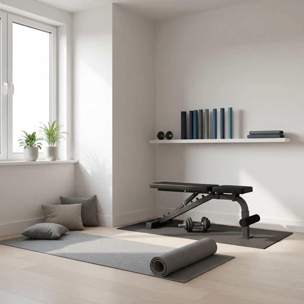 small apartment corner converted into compact home gym