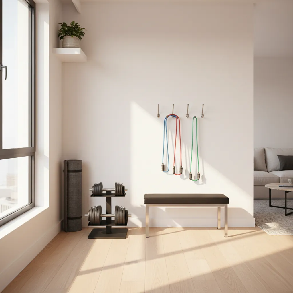 Small apartment corner converted into compact home gym with adjustable weights and yoga mat