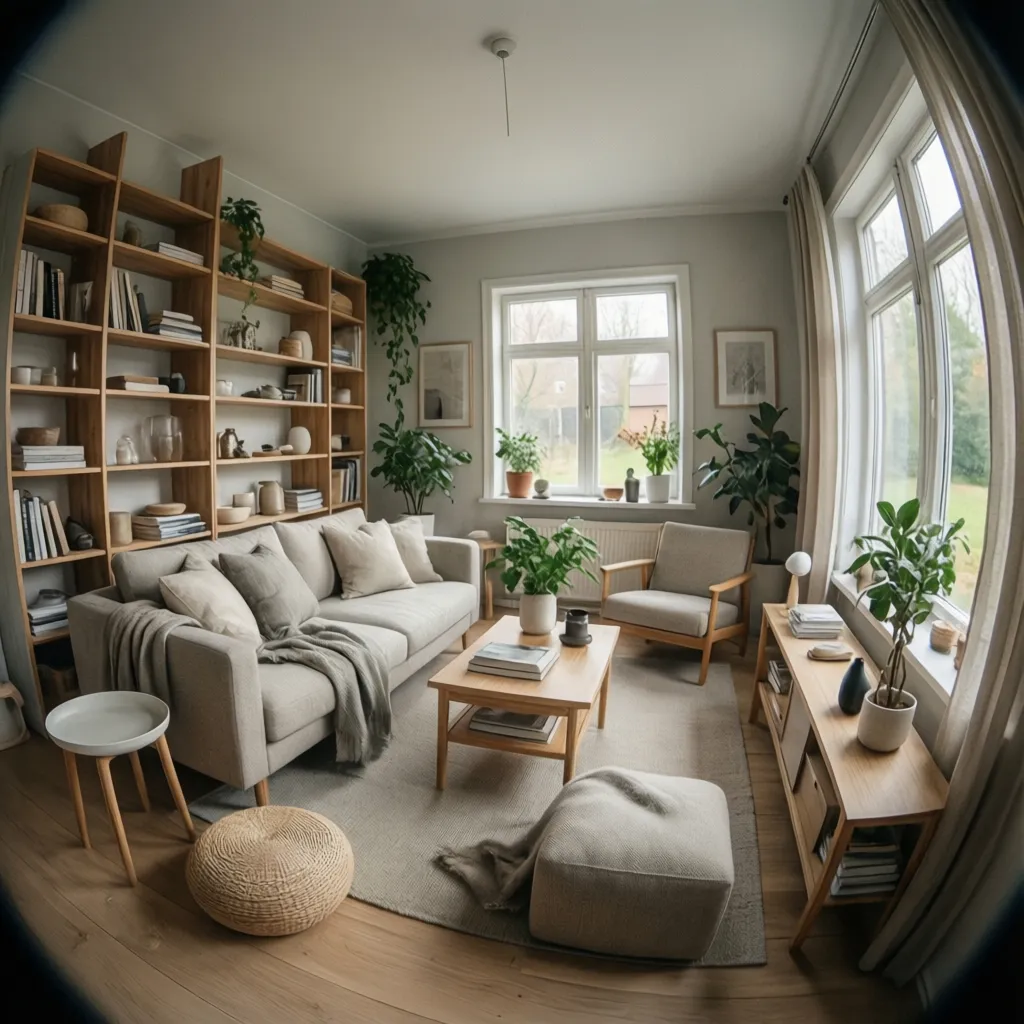 Salón pequeño amueblado con estilo escandinavo funcional