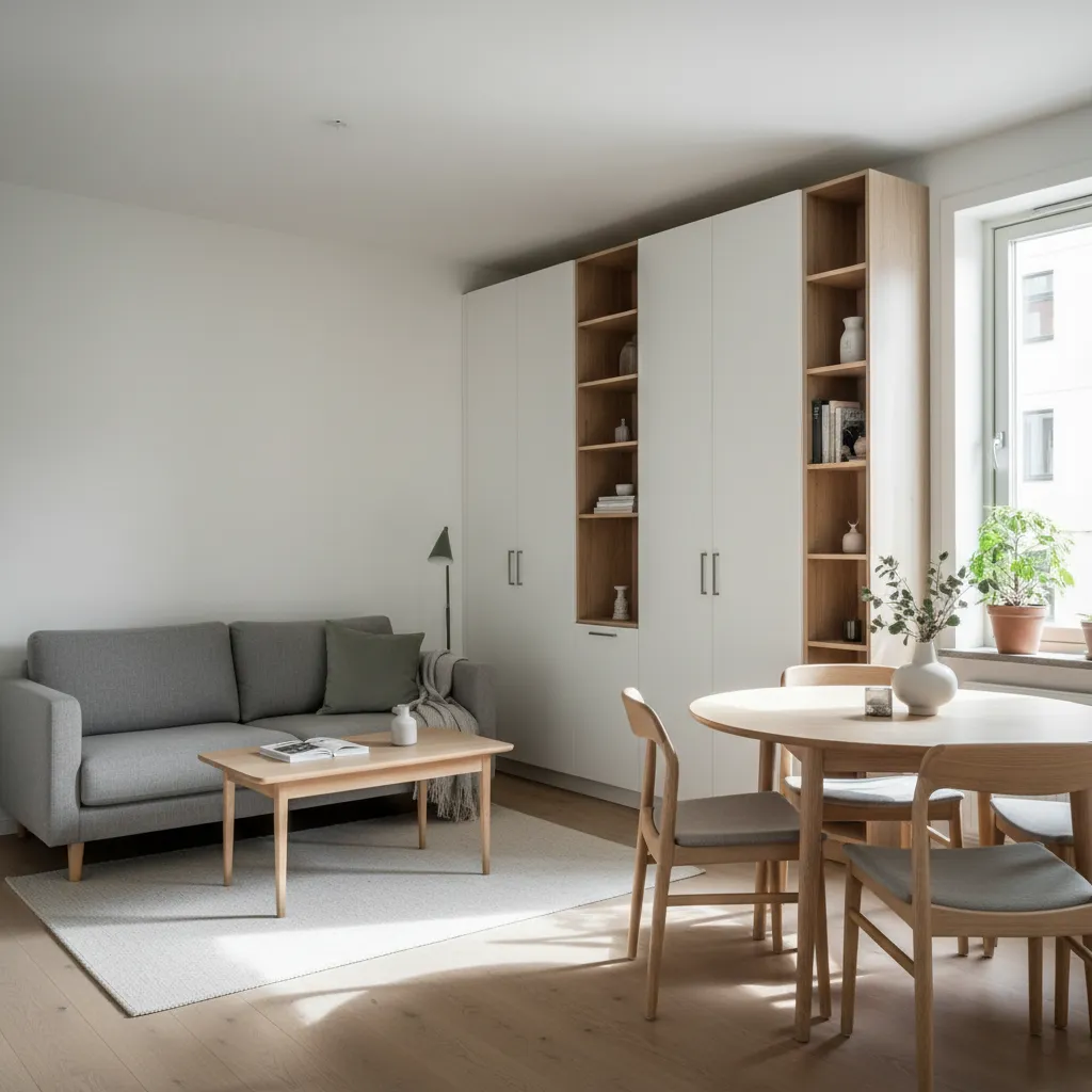 Small apartment living space with grey sofa wooden coffee table and white wood storage cabinet