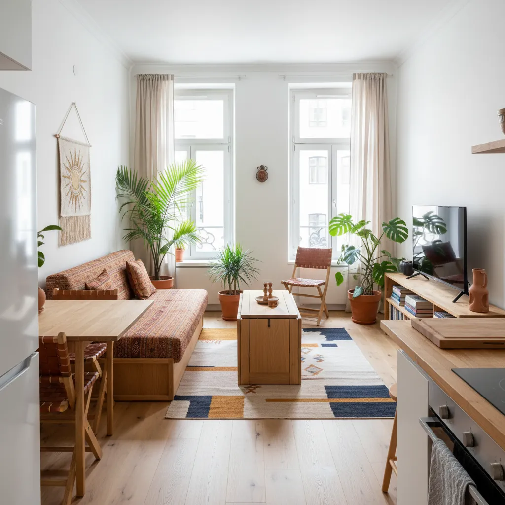 Small living room with patterned sofa wooden coffee table green plants rug and big windows
