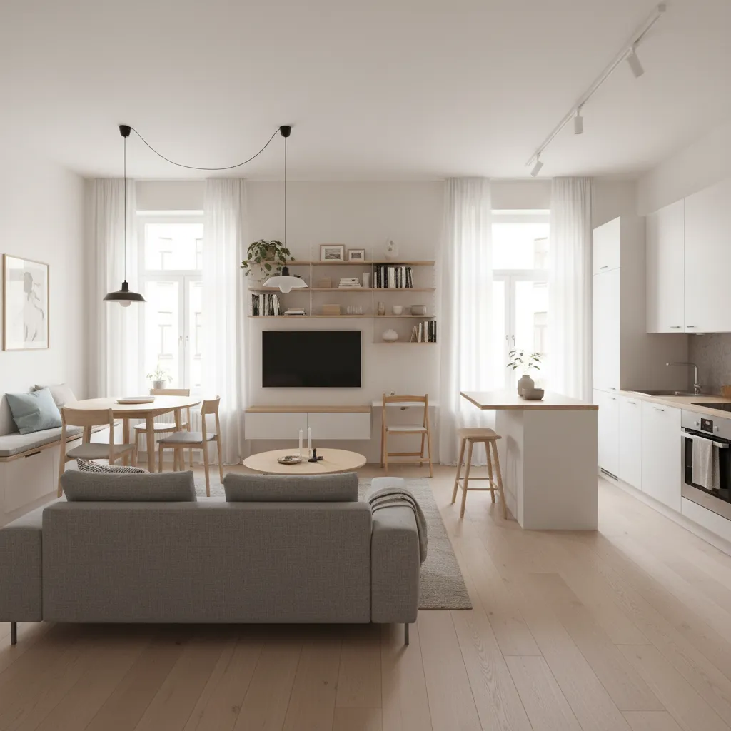 Modern open living room with grey sofa wooden dining table white kitchen and large windows