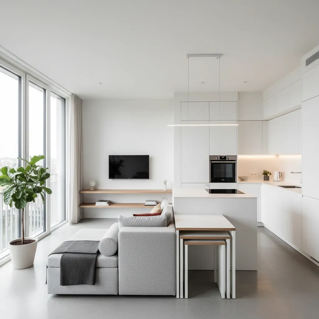 Diseño optimizado de un apartamento pequeño con mobiliario funcional