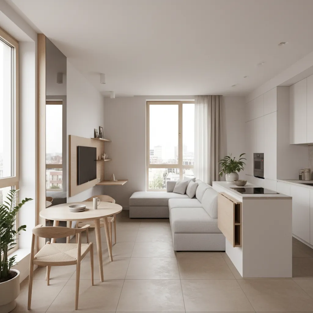 Diseño moderno de apartamento pequeño optimizado con mobiliario funcional