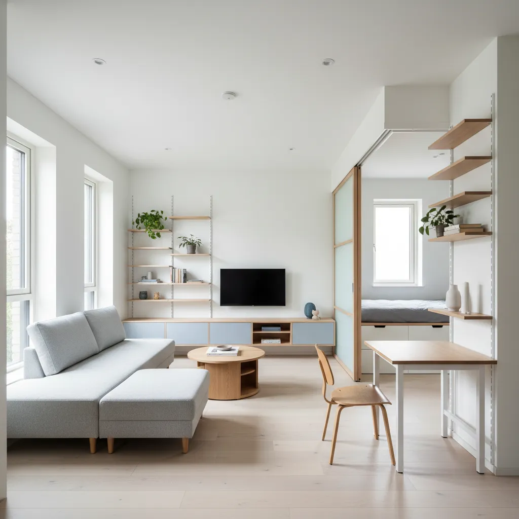 Diseño interior de un apartamento pequeño optimizado con mobiliario funcional