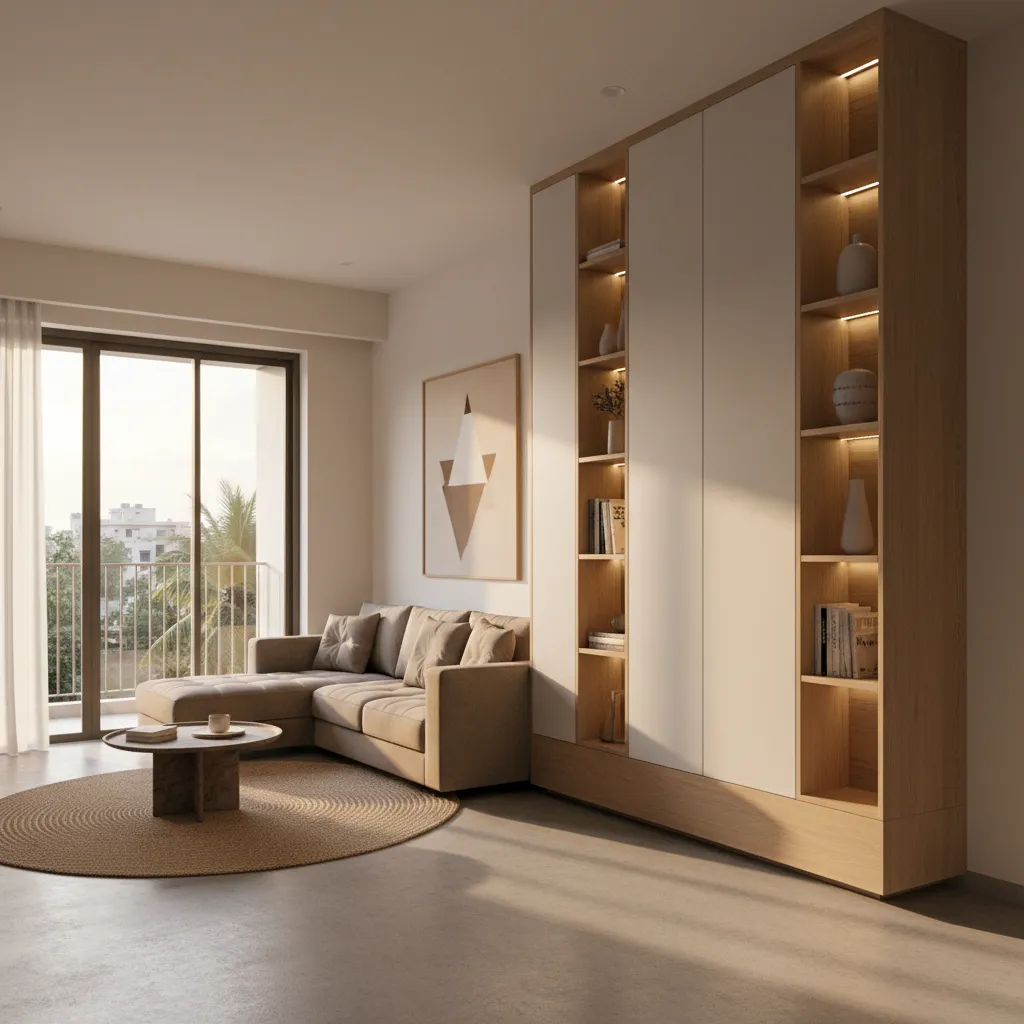 Warm living room with brown sofa, large wooden cabinet, round rug, small table, and window