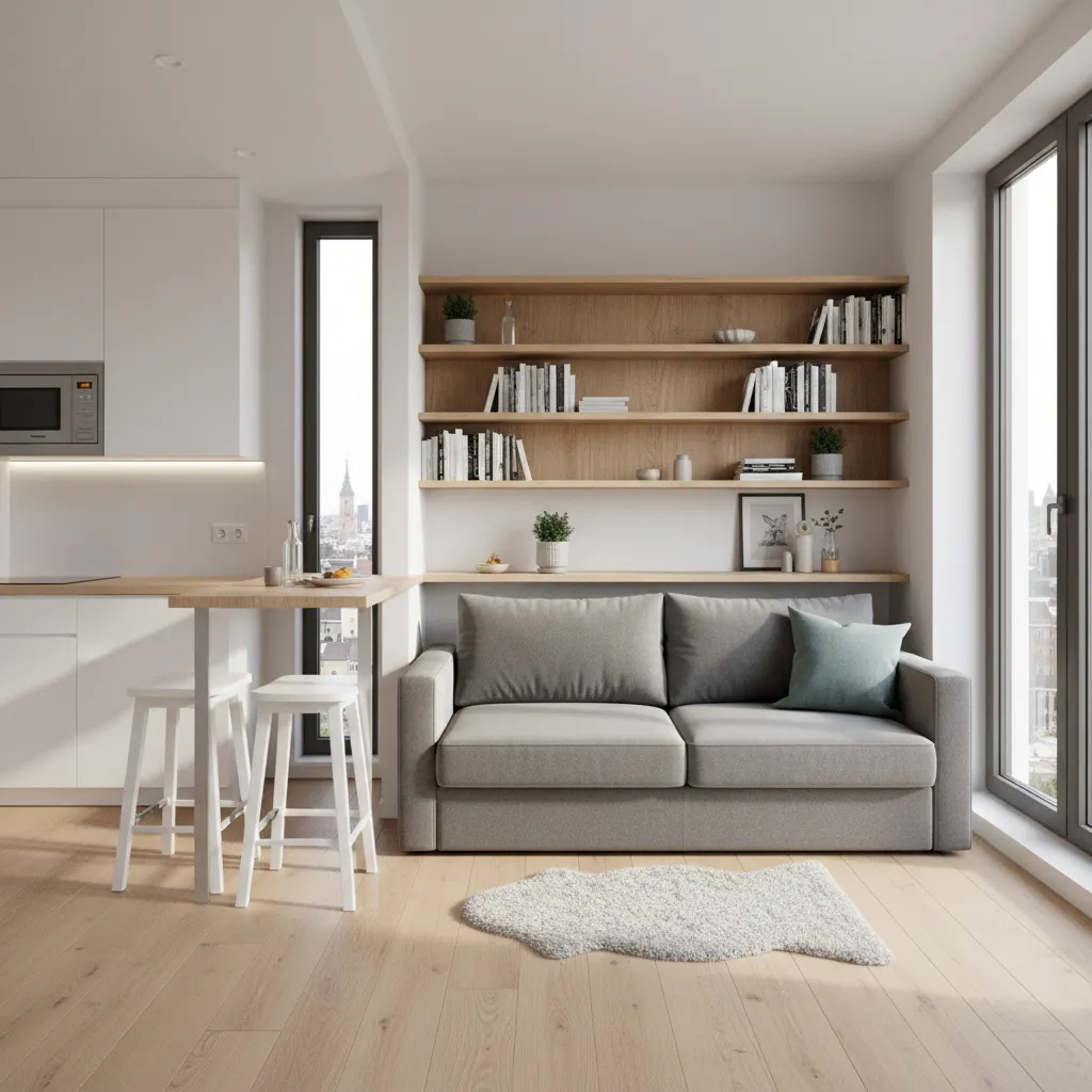 Small modern studio apartment featuring grey sofa wooden bookshelves white kitchen stools and large glass windows