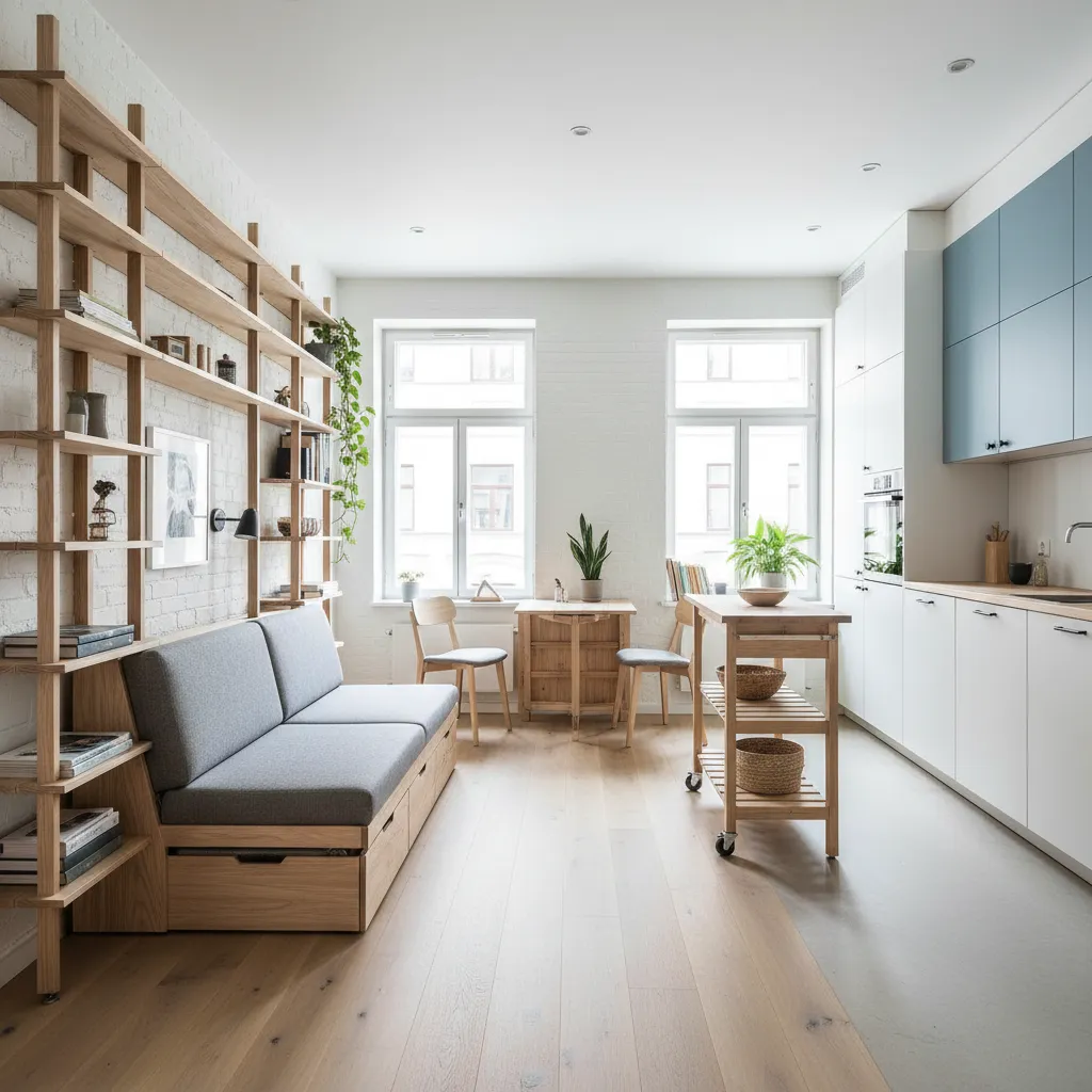 Apartamento pequeño con distribución optimizada y muebles multifuncionales