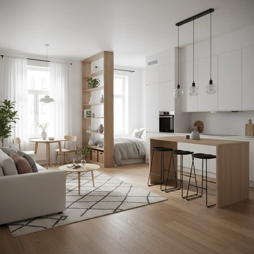 Studio apartment with white sofa wooden shelf divider kitchen island and three black bar stools