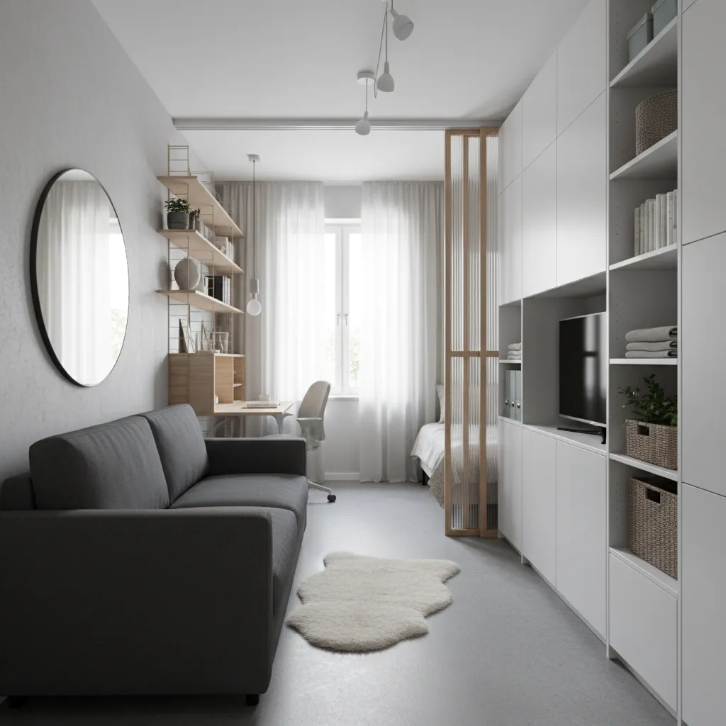Small minimalist studio apartment with grey sofa round mirror white storage cabinets desk wooden divider