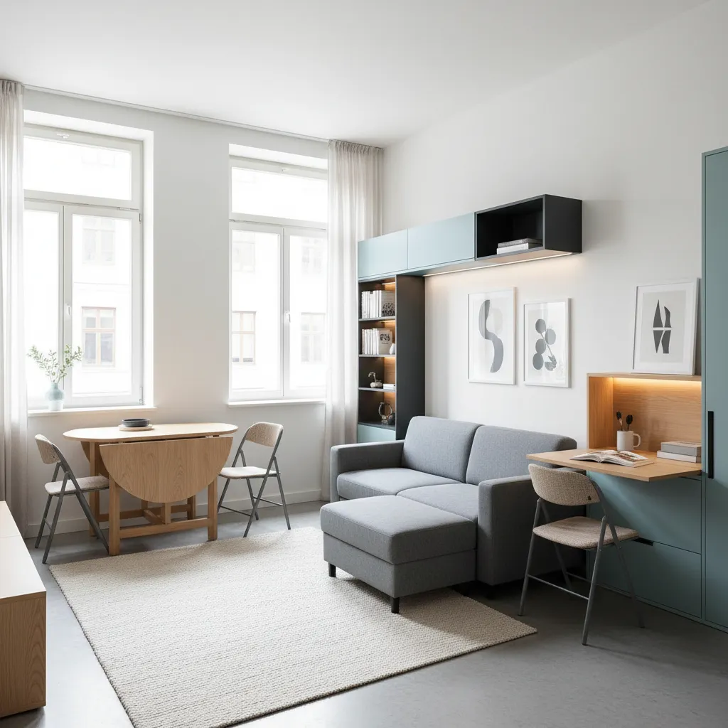 Compact living room featuring grey sofa with footrest wooden table chairs and blue wall cabinets