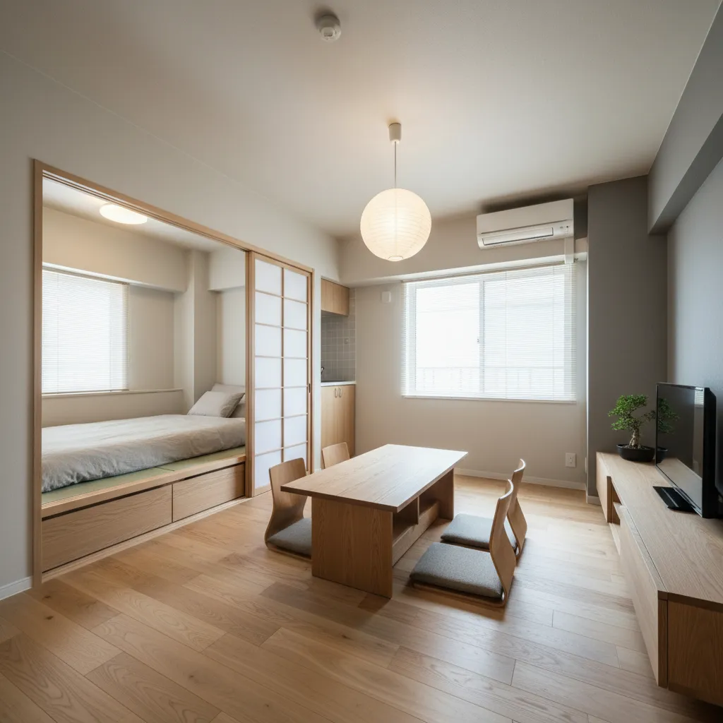 Pequeño apartamento moderno con decoración japonesa minimalista