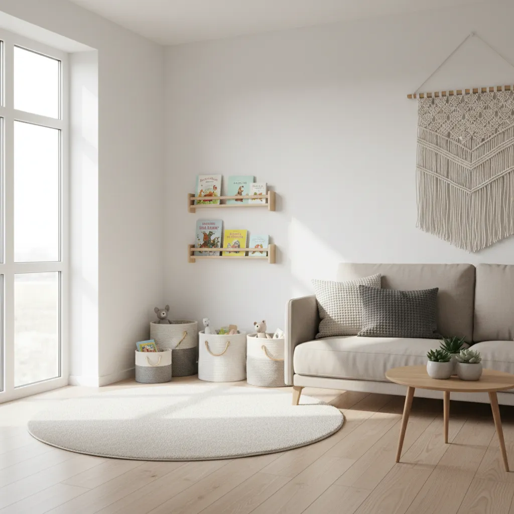 kids play corner in a small apartment living room with rug and toy storage