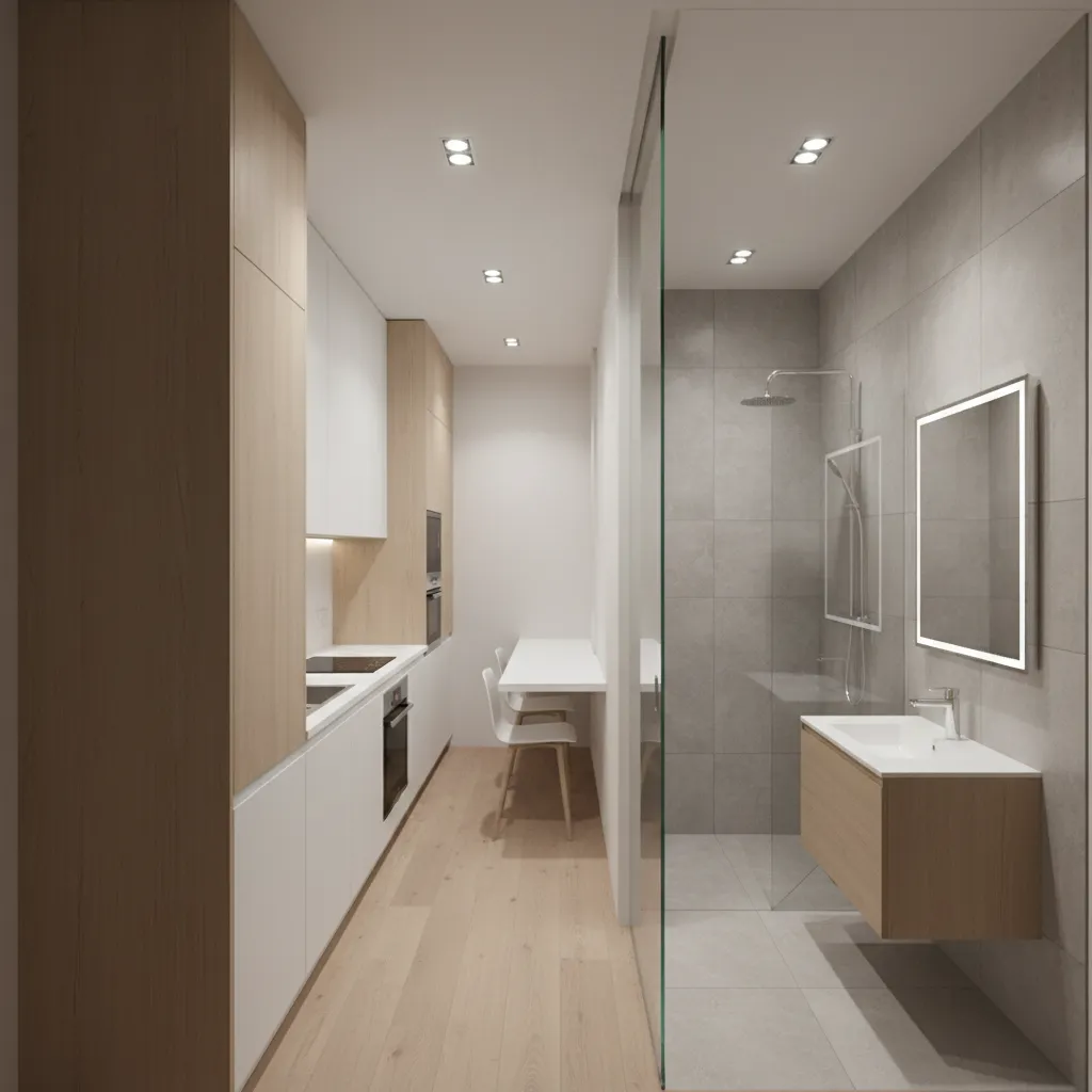 compact apartment kitchen layout near bathroom with efficient circulation