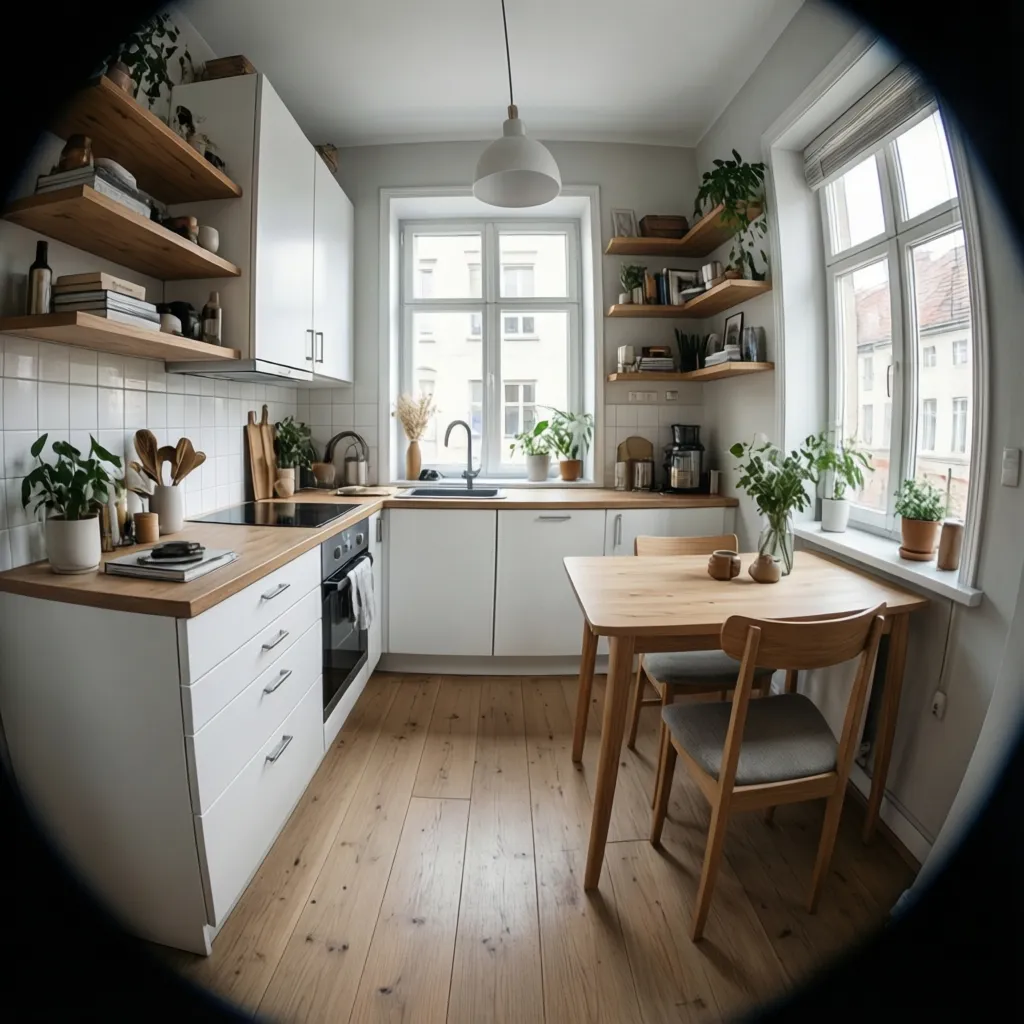 compact apartment kitchen with white cabinets and open shelves designed on a budget