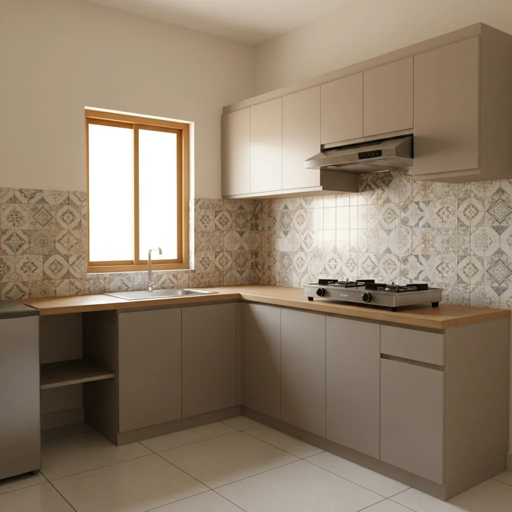 Compact kitchen inside a Hyderabad apartment showing efficient small space design