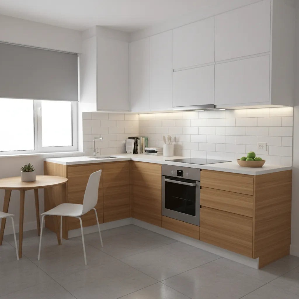 bếp nhỏ trong căn hộ với bố cục chữ L hiện đại