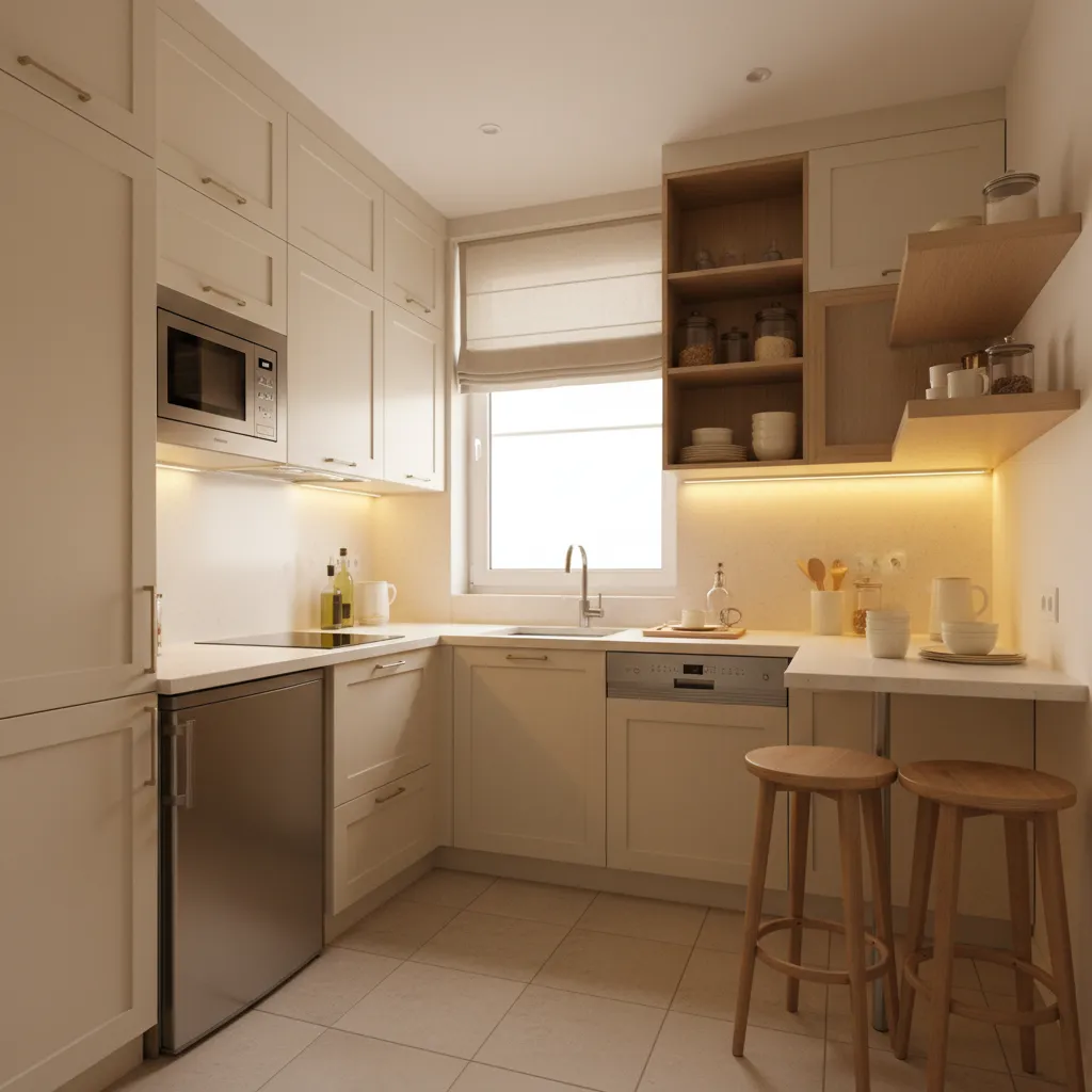Optimised small apartment kitchen with light colours and efficient layout