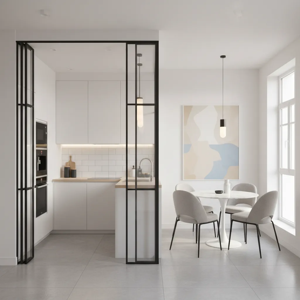 small apartment kitchen dining area with slim open partition