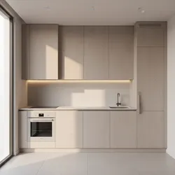 Minimalist kitchen with light wood cabinets white oven white countertop sink and warm cabinet lights