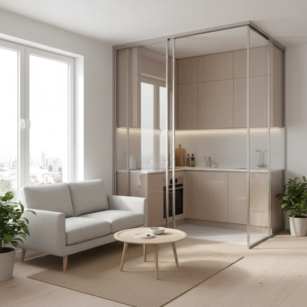 Compact apartment using glass sliding doors between kitchen and living room